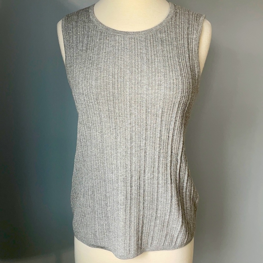 NEW TALBOTS Silver Metallic Light Gray Ribbed Sleeveless Sweater PL
